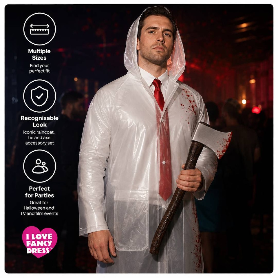image 1 of Mens Halloween Businessman Serial Killer Costume Set - Raincoat, Tie, Fake Axe & Business Card