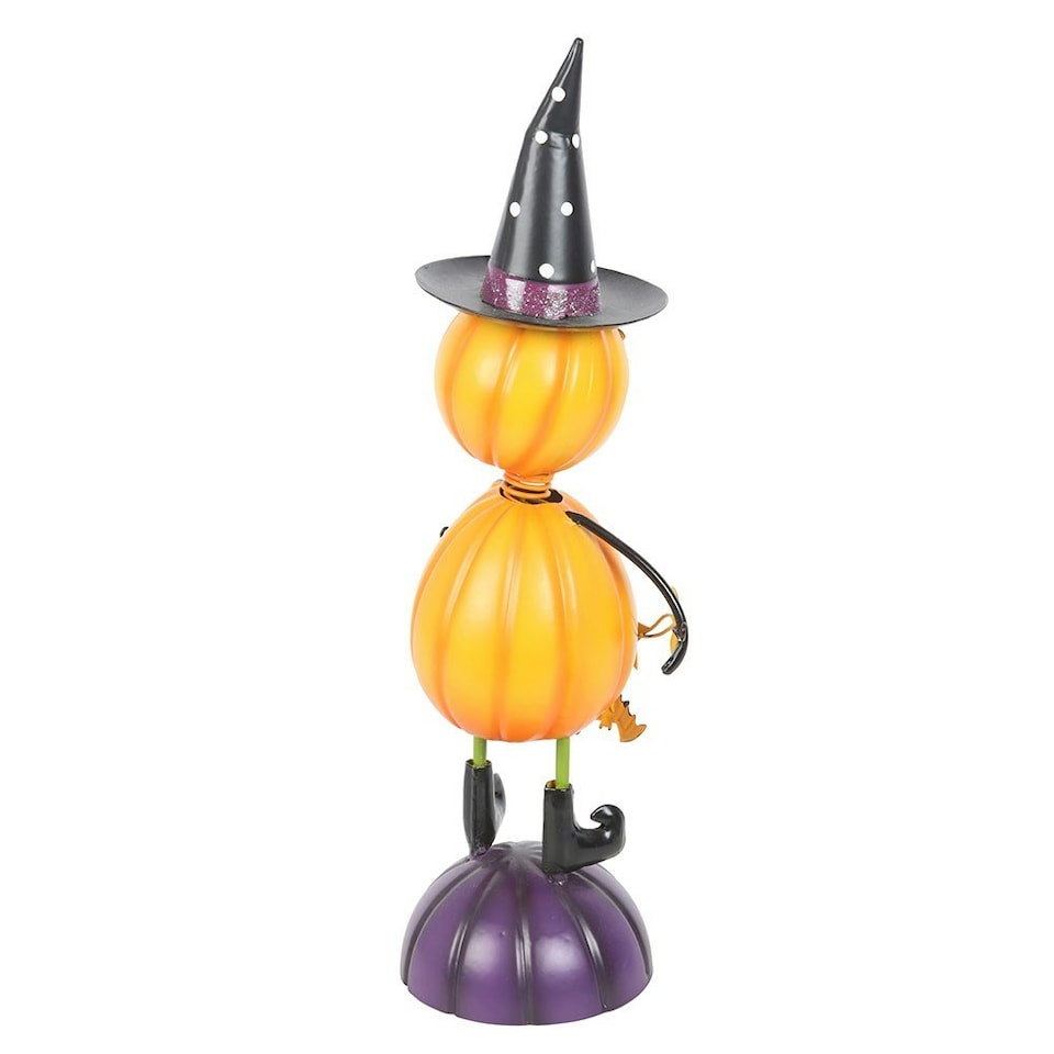 image 1 of Orange Metal Pumpkin Man Halloween Ornament with Witch Hat