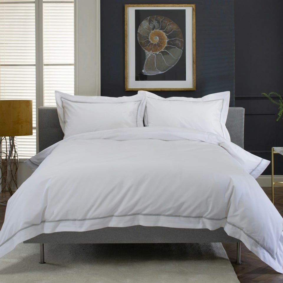 image 1 of Hampstead 100% Cotton Duvet Cover Set – 200 Thread Count with Inserted Ribbon & Oxford Pillowcases Silver | White | Double