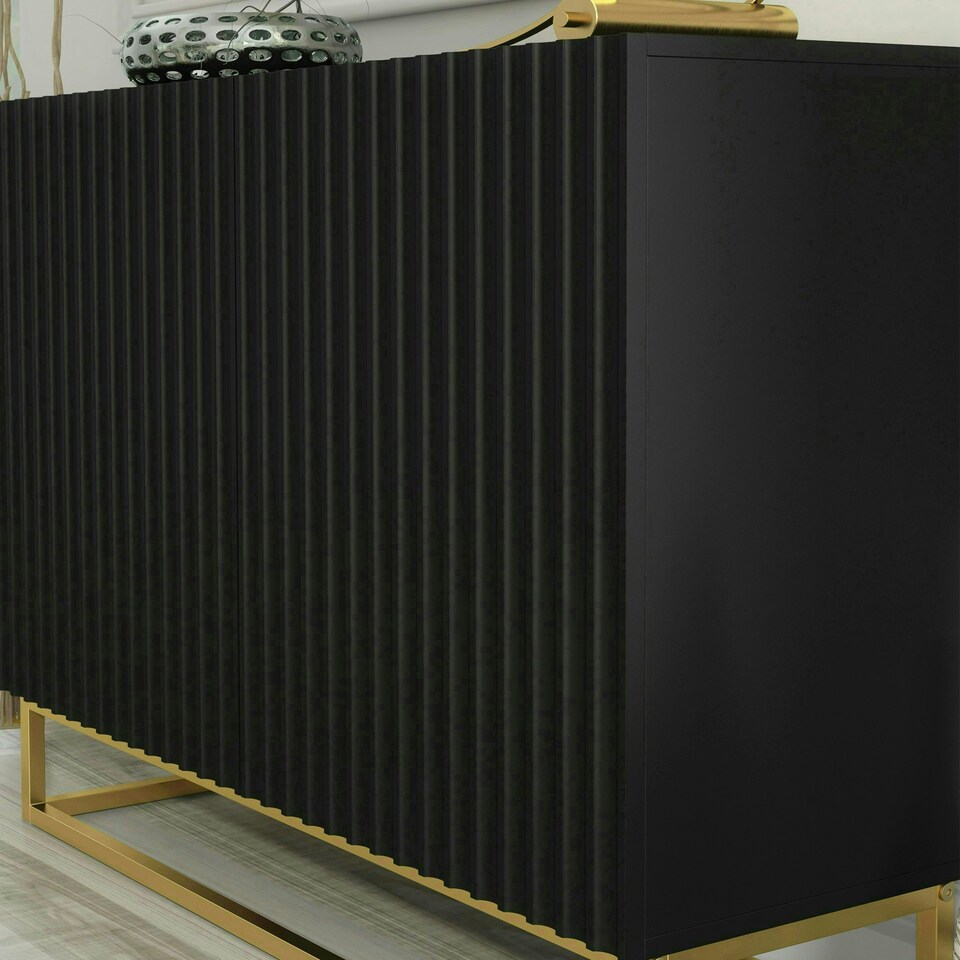image 1 of Black Sideboard 100cm Fluted Doors Gold Frame Modern Storage Cabinet