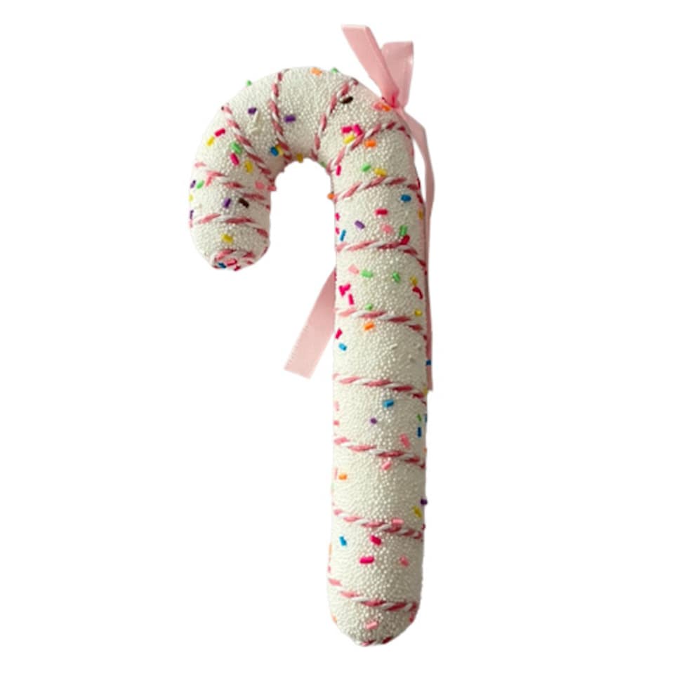 image 1 of White Candy Cane with Pink Ribbon Hanging Christmas Decoration 17cm