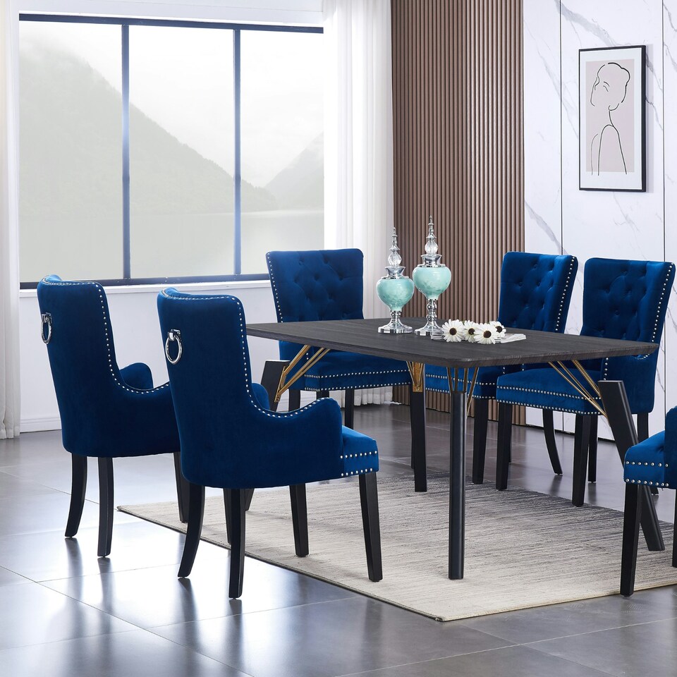 image 1 of Single Velvet Dining Chair with Armrest, Ergonomic Scoop Knockerback & Button Tufted Wood Legs Blue
