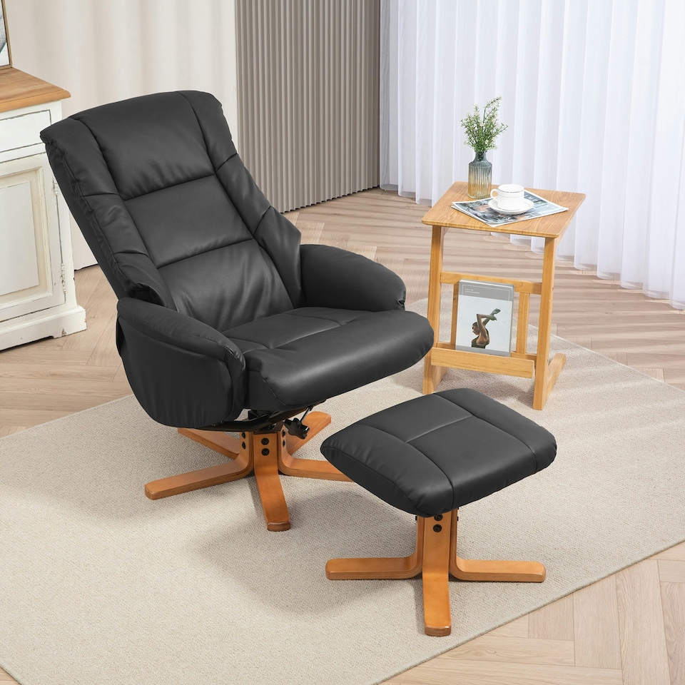 image 1 of HOMCOM Recliner Armchair with Wood Base, Upholstered Reclining Chair, Black | Black