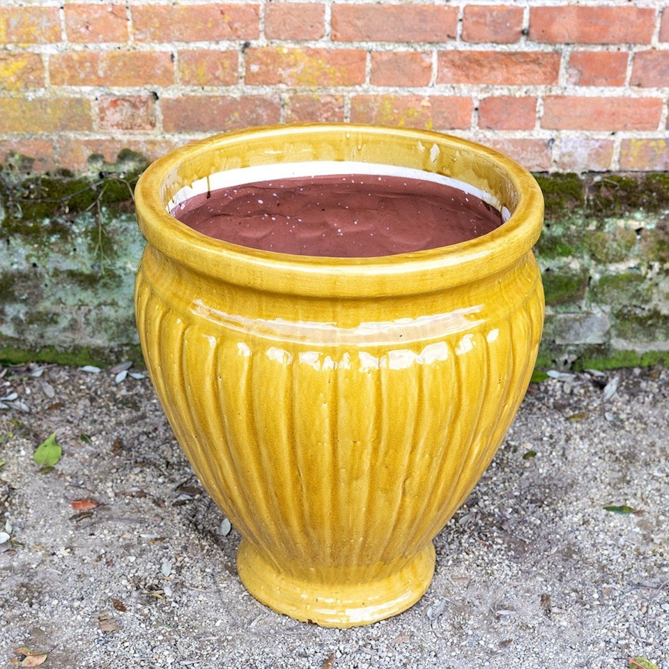 image 1 of Primrose Rib Textured Glazed Terracotta Round Planter In Gloss Yellow 22cm