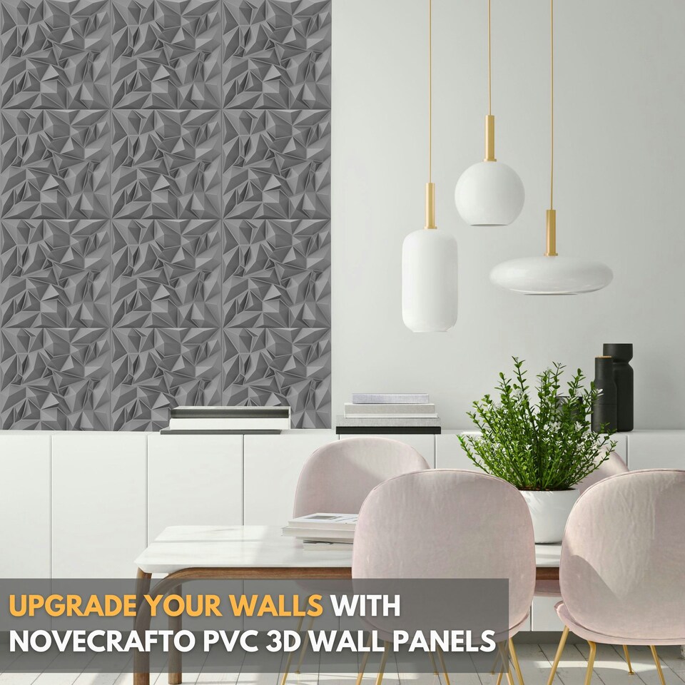 image 1 of NOVECRAFTO Diamond Effect 3D Wall Panels – 6 Sheets Covering 1.5 sqm (16.15 sqft) – Matte Interior PVC Cladding Tiles – 19.6"x19.6" Diamond Design Silver Grey