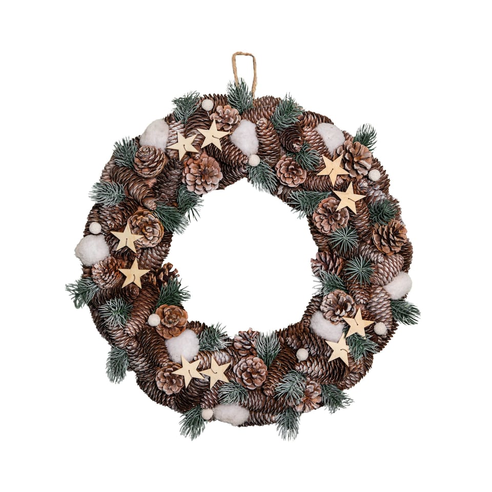 image 1 of 50cm Frosted Hanging Christmas Wreath with Pine Cones & Wooden Stars