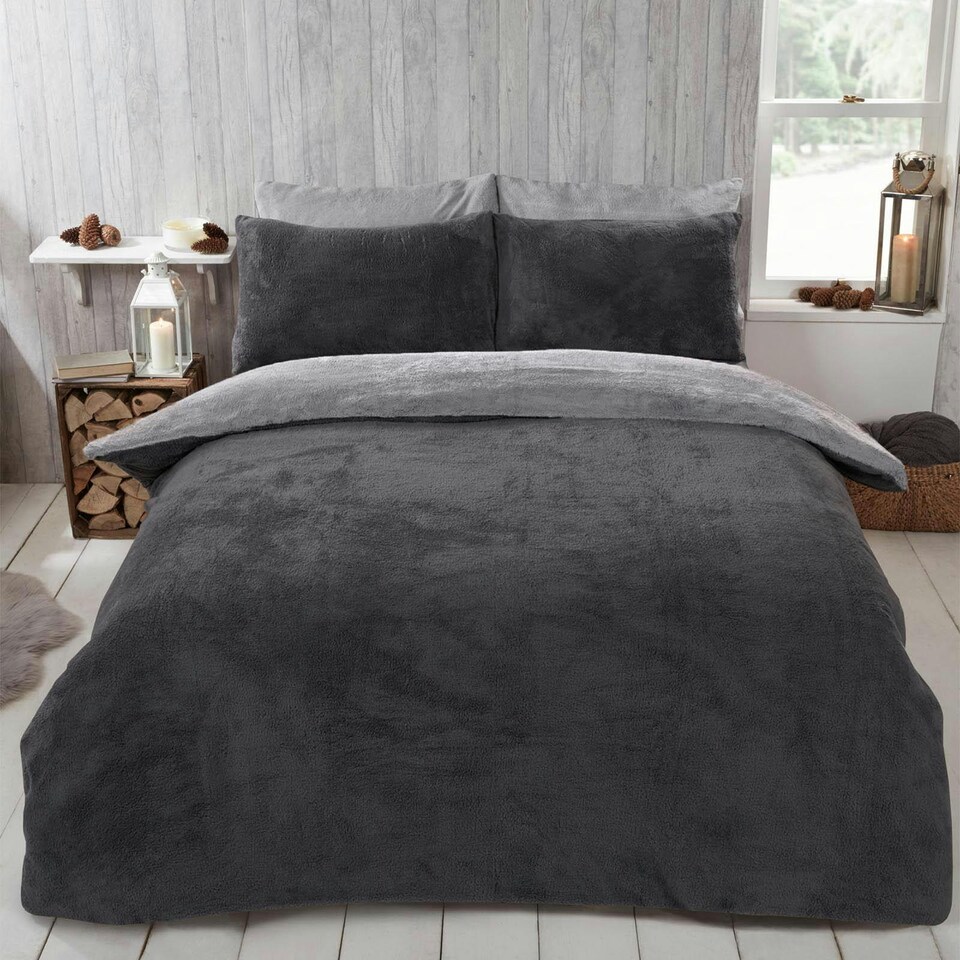 image 1 of OHS Soft Reversible Teddy Fleece Duvet Cover and Pillowcase Bedding Set, Super King - Charcoal Grey/Grey