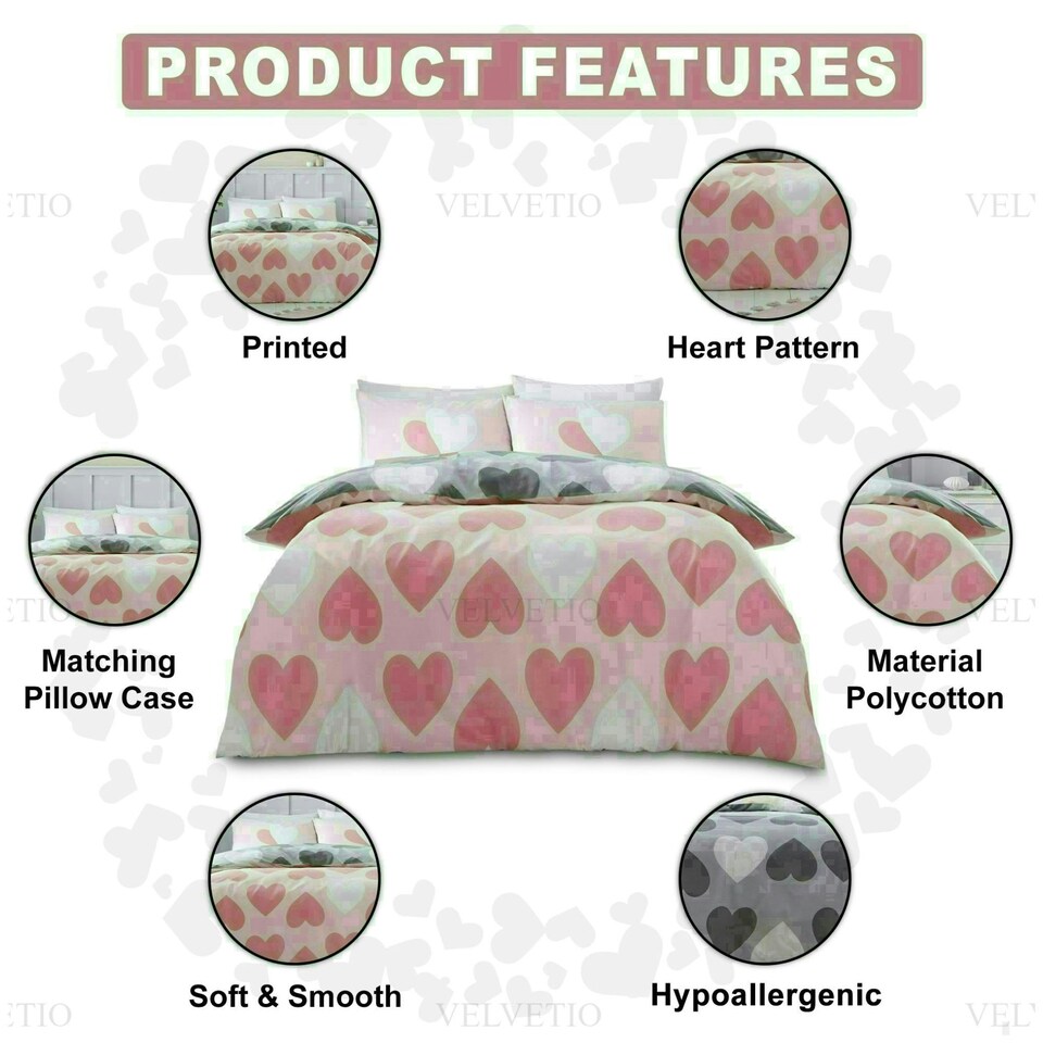 image 1 of Pretty Hearts Printed Duvet Cover Set Reversible Polycotton Beddings Pink | Single