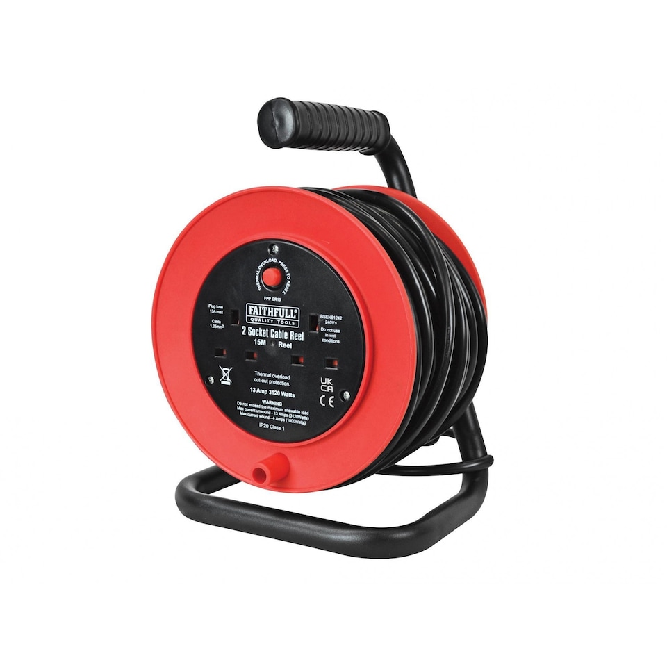 Faithfull Power Plus Open Drum Cable Reel (UK Plug) | Multi | Multi Colour | 15m | 1
