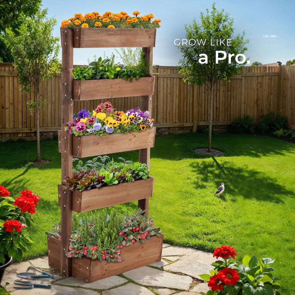 image 1 of Vertical Planter Flora in a Rustic Wooden Design with 3 to 5 Tiers and Plant Fleece Included | Brown | brown | 52 x 81 x 180 cm | 1