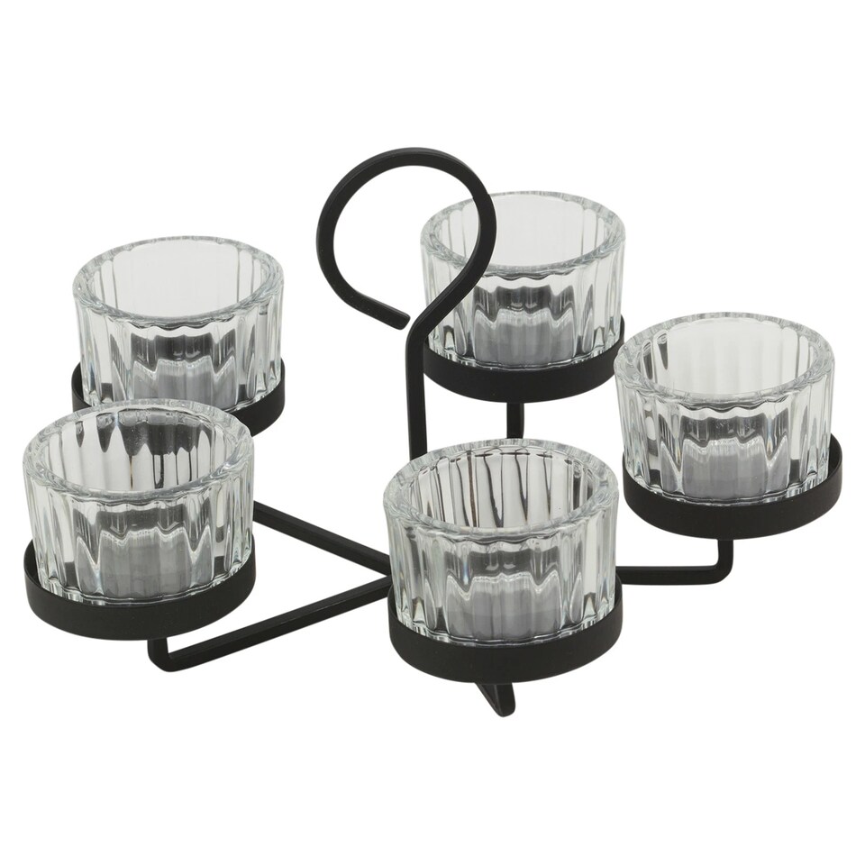 image 1 of 5-Arm Glass & Black Metal Tea Light Candle Holder Candelabra Wedding Centrepiece