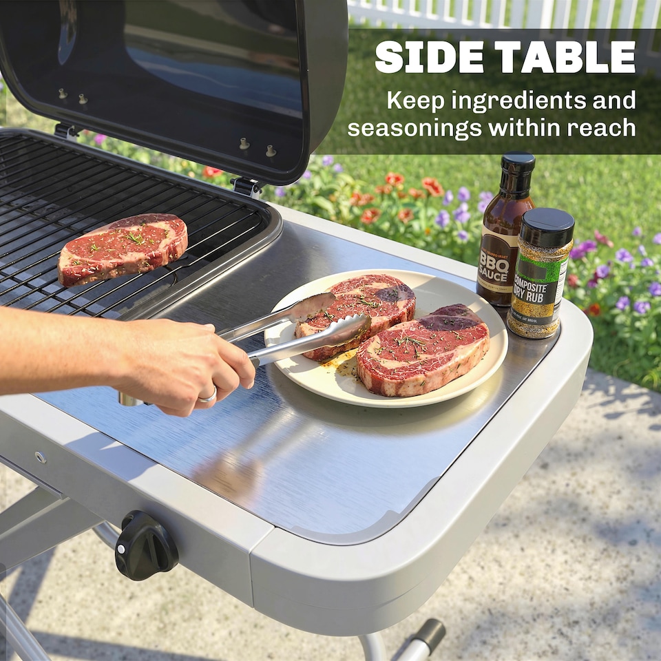 image 1 of Outsunny Foldable Gas BBQ Barbecue Grill with Side Table, 2.5 kW, Black | Black | Black | 109 x 55 x 89 cm