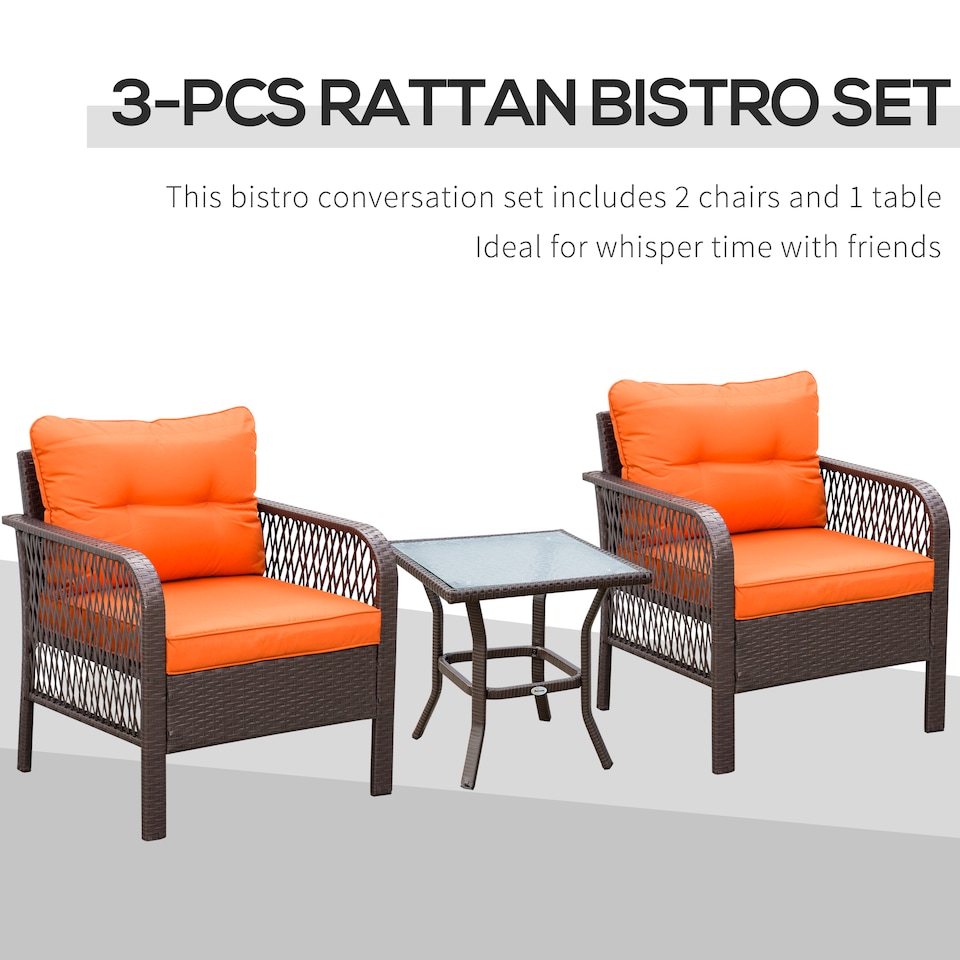 image 1 of Outsunny 3 Pieces Rattan Bistro Set with Tempered Glass Table Orange