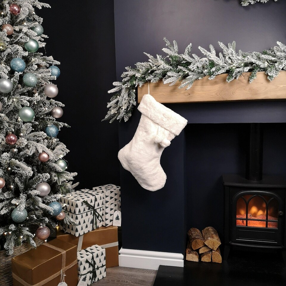 image 1 of 50cm Winter White Faux Fur Hanging Christmas Stocking with Pom Poms