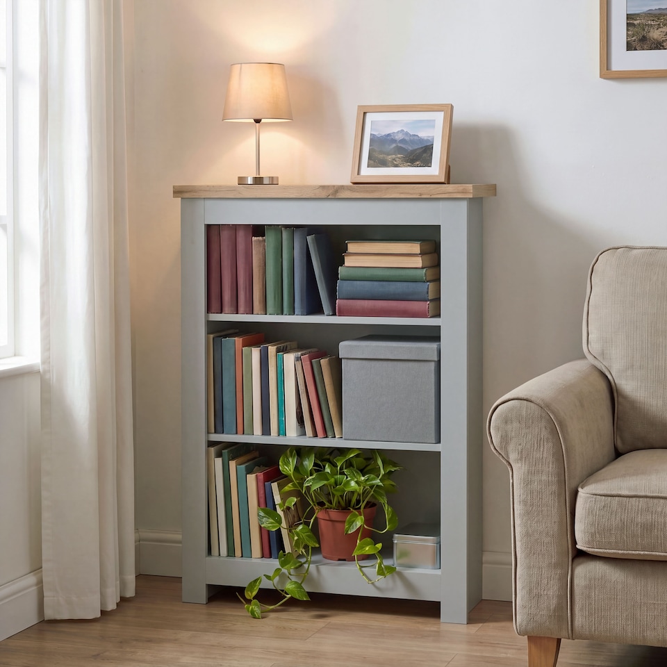 image 1 of Vida Designs Arlington 3 Tier Bookcase Shaker Style Display Storage, Grey & Oak