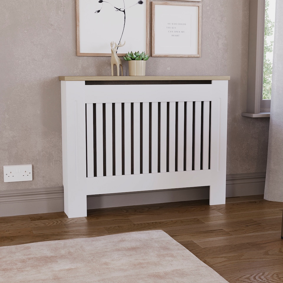 image 1 of Vida Designs Arlington Radiator Cover Painted MDF Slatted Cabinet, White, 111cm