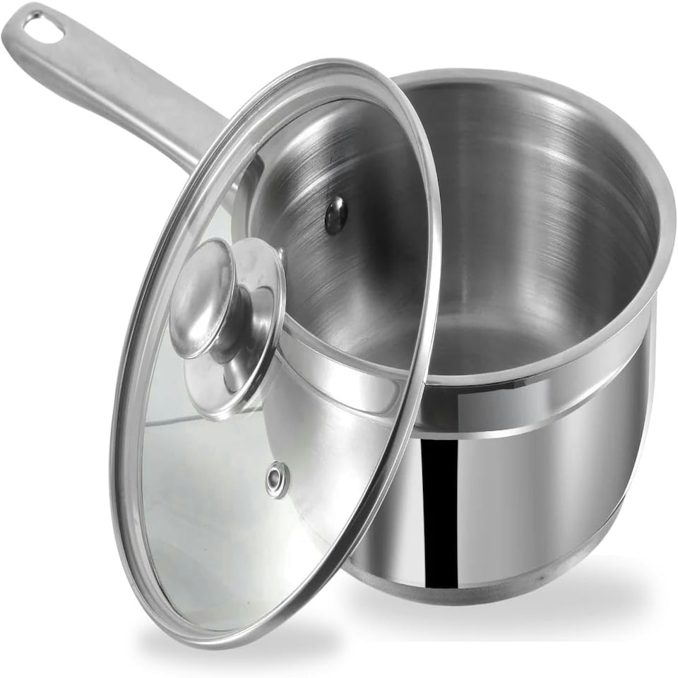 image 1 of Vinod Cookware Two Tone Stainless Steel Saucepan with Glass Lid - Steam Vent, Sturdy Handle Induction Bottom (14cm , 1 ltr) | Multi