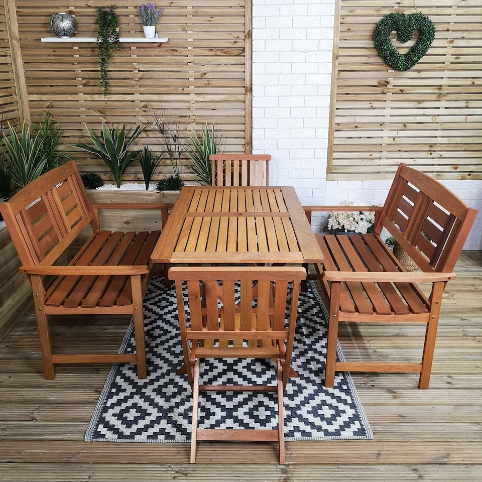 image 1 of Outdoor 6 Person Folding Rectangular Wooden Garden Patio Dining Table Chairs and 2 Benches Set