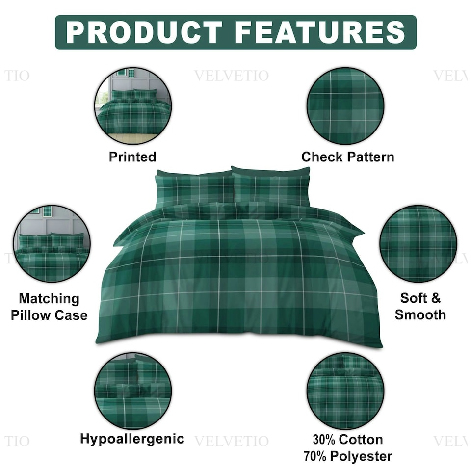 image 1 of VELVETIO Finn Check Complete Duvet Cover Set with Fitted Sheet Soft Polycotton Bedding Sets Green | King