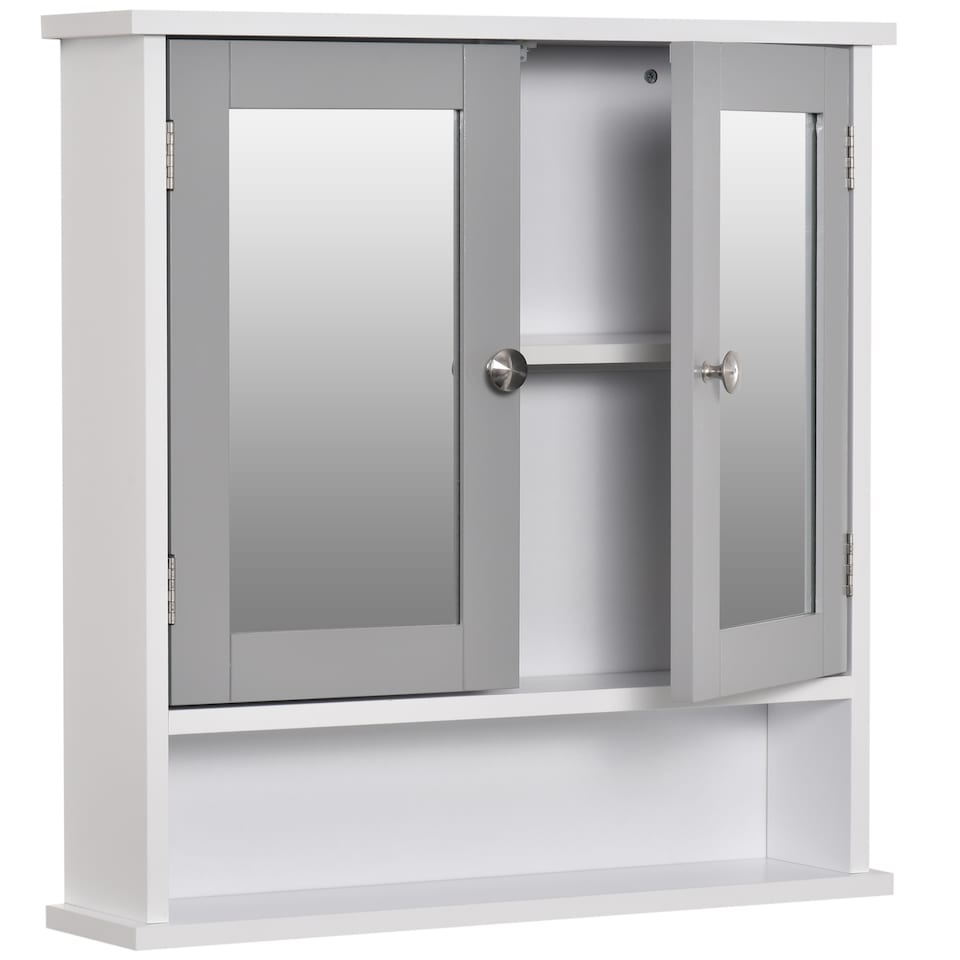 image 1 of kleankin Mirror Cabinet Wall Mounted with Double Mirrored Doors, Hanging Cabinet with Cupboard and Shelf, Bathroom Wall Storage Organiser, Grey