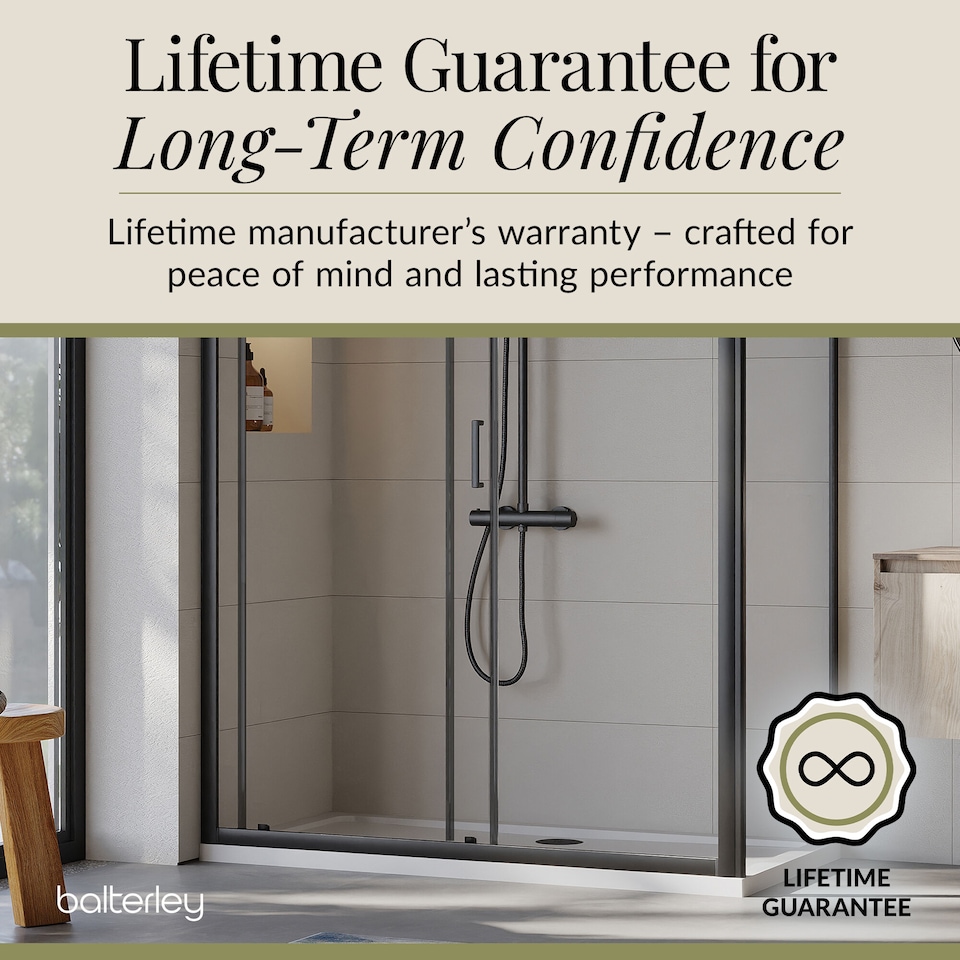 image 1 of Balterley Sliding Shower Suite with 6mm Safety Glass Door, Side Panel & 1400 x 700mm Shower Tray in Matt Black Frame | Black | Matt Black | 3