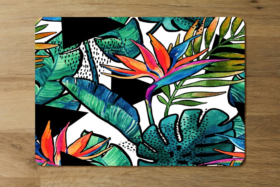 image 1 of tropical leaves and flowers with contour (Placemat & Coaster Set)