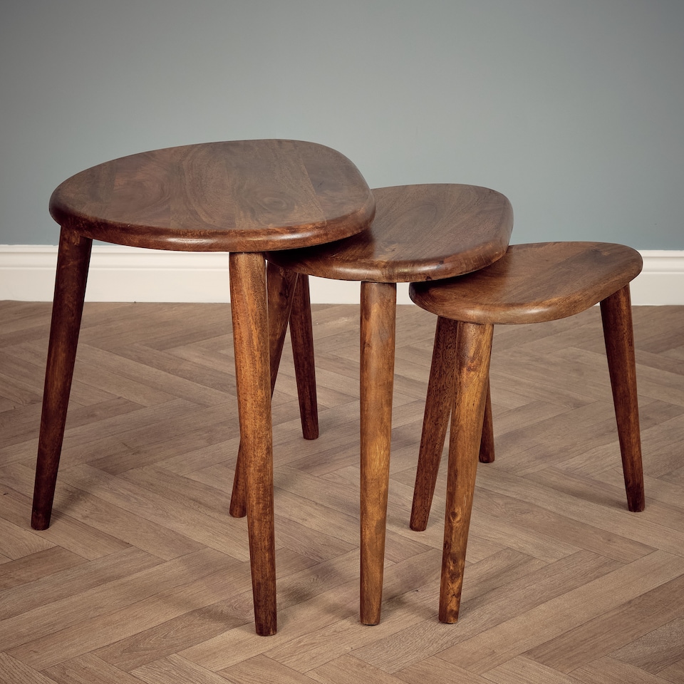 image 1 of 3 Piece Nesting Coffee Table Set – Solid Mango Wood Nest of Tables, Dark Oak Finish Wooden Side Tables for Living Room, Rustic Modern Sofa End Tables, No Veneer