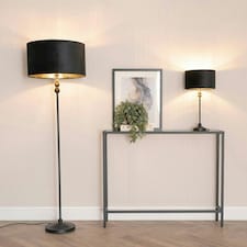ValueLights Maggie Black Candlestick Table Lamp with Black Velvet and Gold Inner Lamp Shade and LED Bulb Black