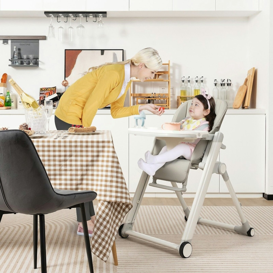 image 1 of COSTWAY Foldable Baby High Chair Convertible Chair Light Grey