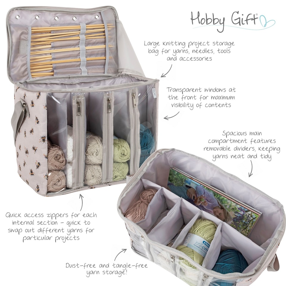 image 1 of Hobby Gift Knitting Bag with Yarn Storage - Bee Design, 25x40x30cm, Multi-Compartment, Crochet & Knitting