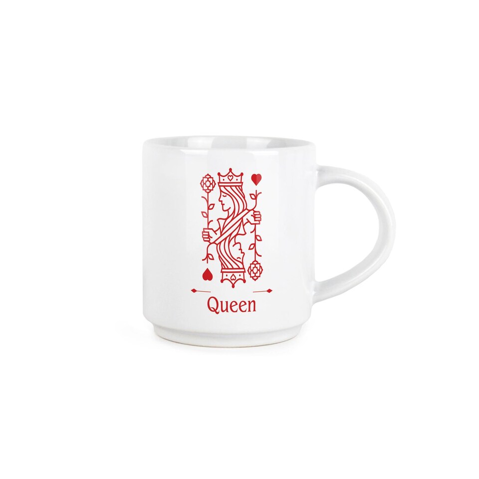 image 1 of King & Queen Stacking Mugs Set Gift - Red Playing Cards Ceramic Cups Set of 2 with Metal Stand, Classic Game Gifts for Couples | White