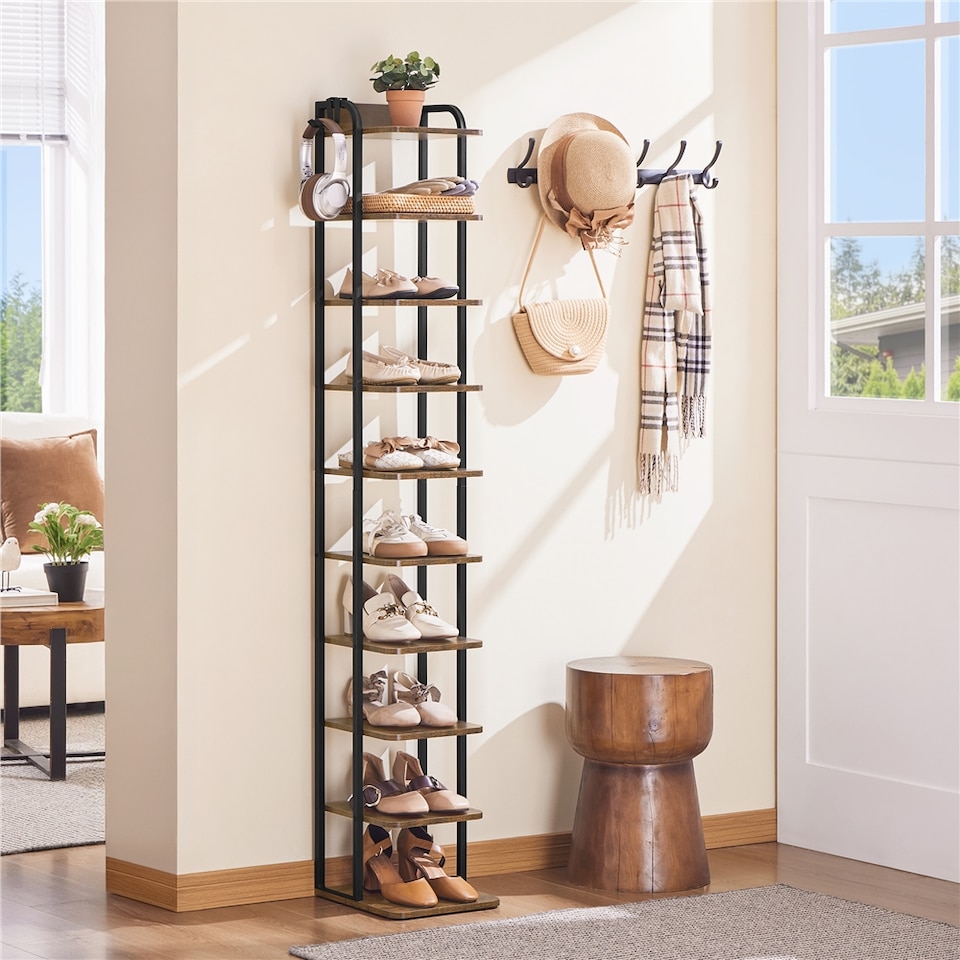 image 1 of Yaheetech 10-Layer Rustic Vintage Shoe Rack for Compact Spaces-Rustic Brown
