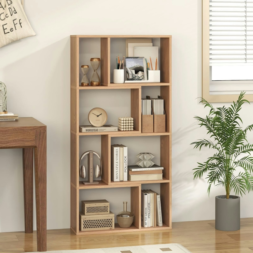image 1 of COSTWAY 5-Tier Geometric Bookshelf Bookcase Organizer Natural Brown