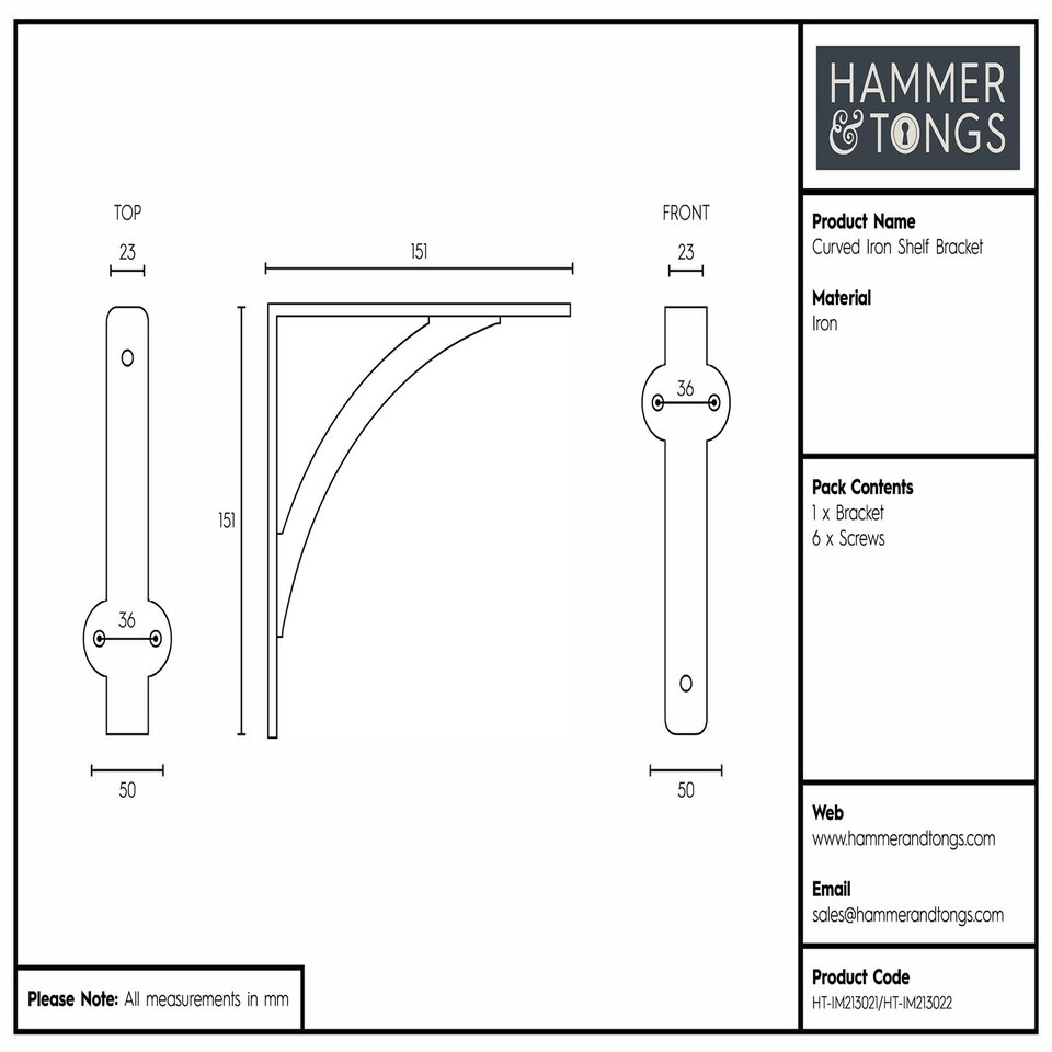 image 1 of Hammer & Tongs Curved Iron Shelf Bracket - D150mm - Raw