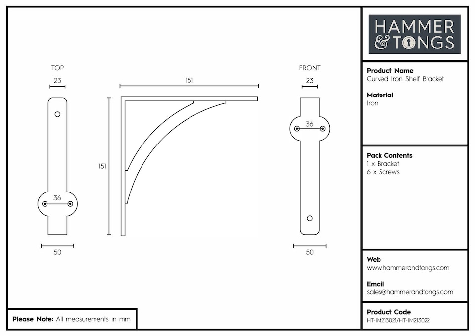 image 1 of Hammer & Tongs Curved Iron Shelf Bracket - D150mm - Raw