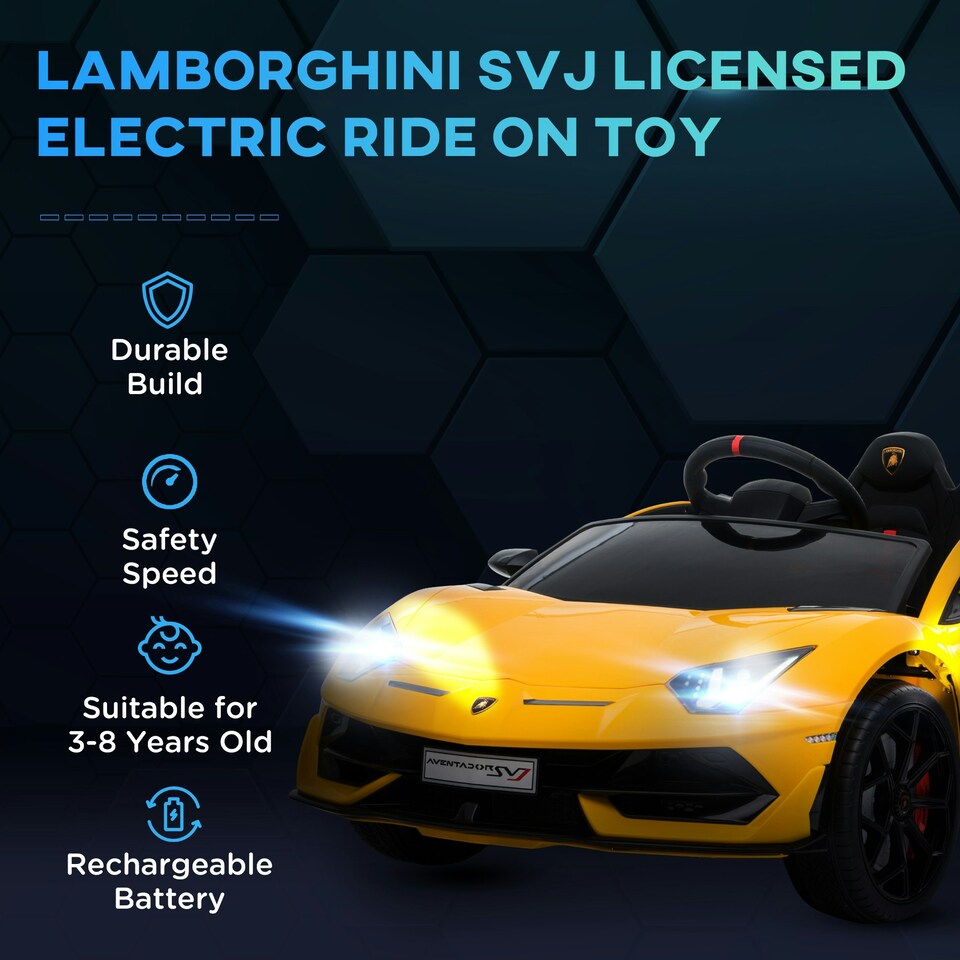 image 1 of HOMCOM Lamborghini SVJ 12V Ride-On Car w/ Lights Music Remote 3-8 Yrs Yellow