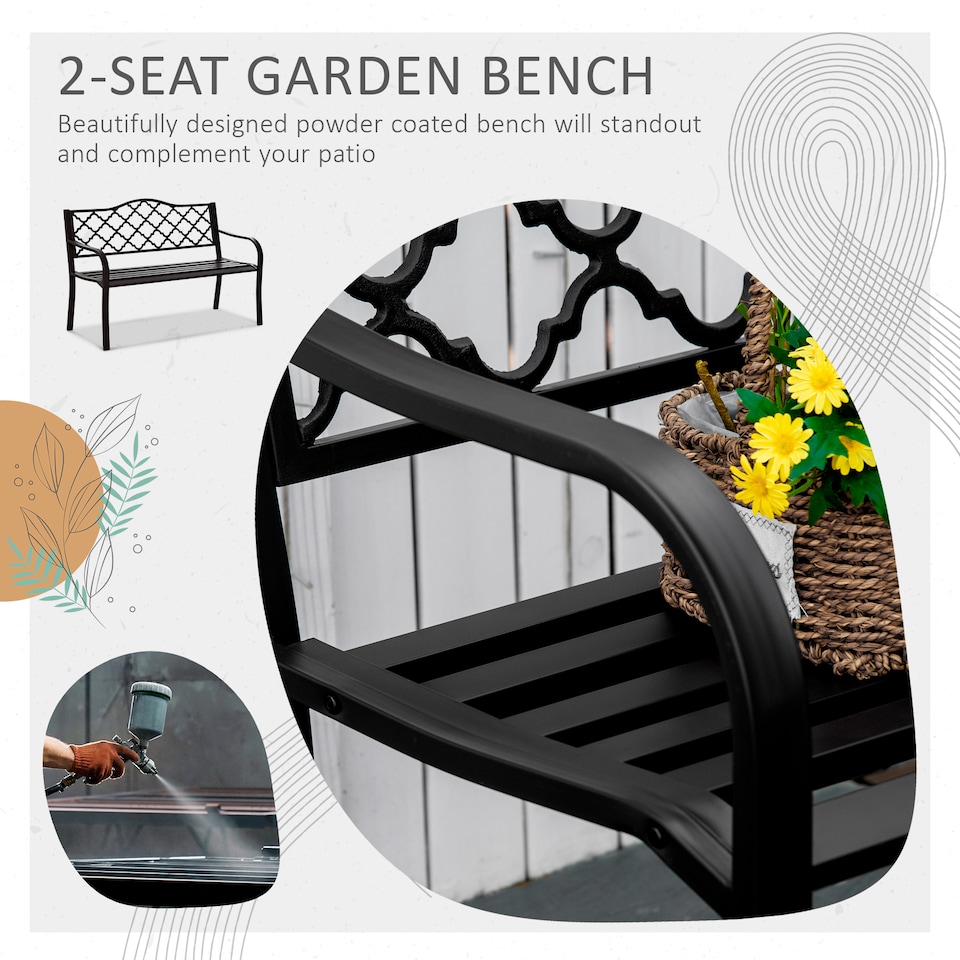 image 1 of Outsunny Outdoor 2 Seater Garden Bench, Antique Style Cast Iron Loveseat with Armrest, Brown