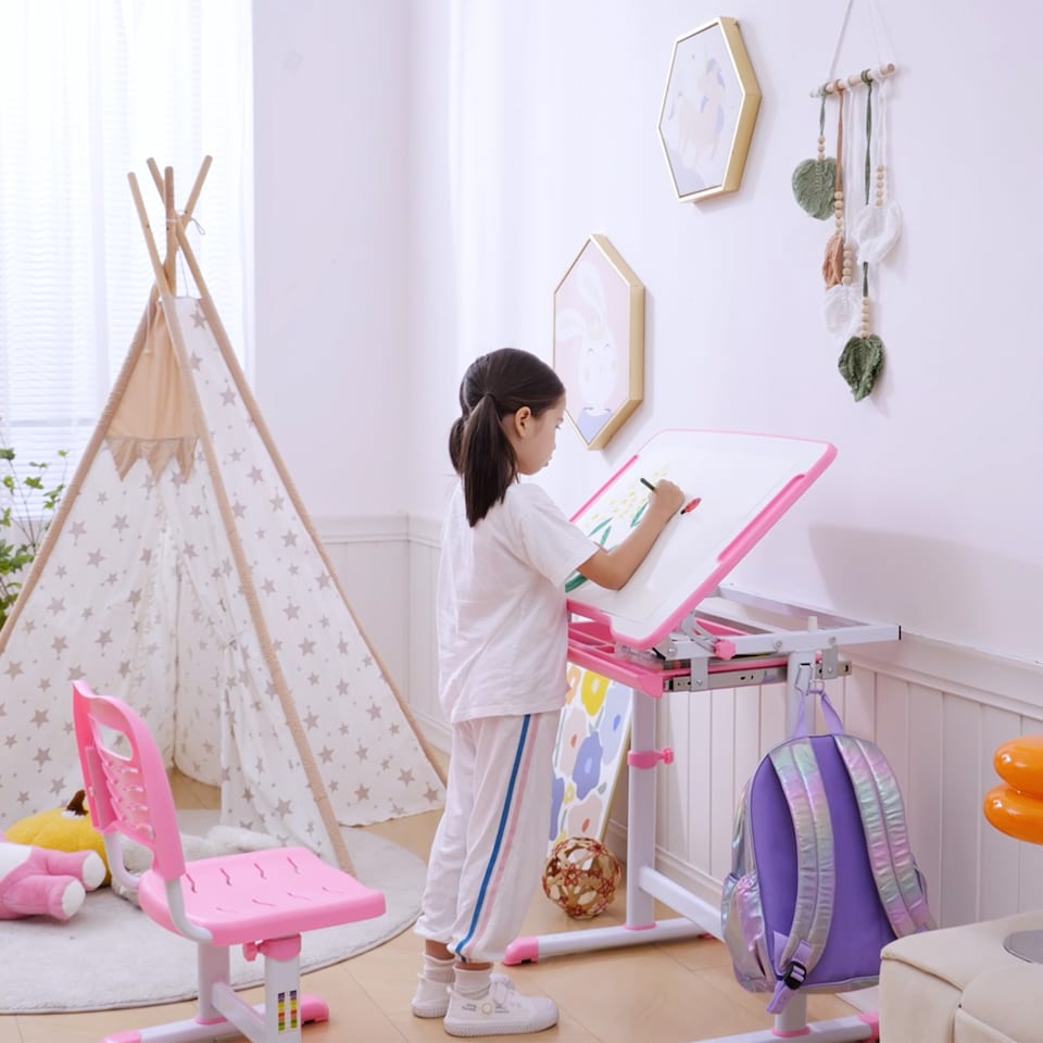 image 1 of HOMCOM Kids Desk and Chair Set Adjustable Tiltable with Drawer Pen Slot Hook | Pink