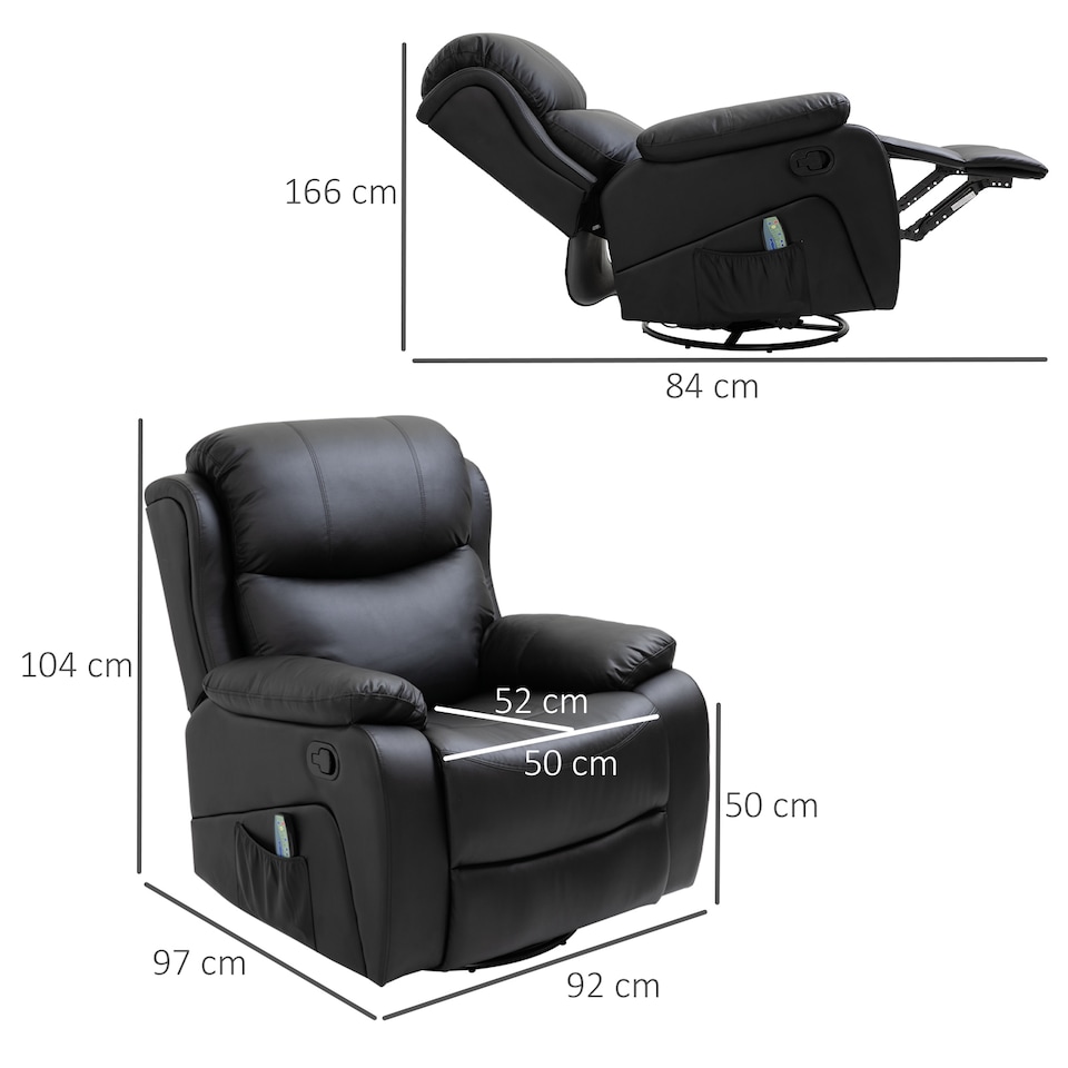 image 1 of HOMCOM PU Leather Massage Recliner Chair with 8 Points and Heat, Manual Reclining Chair with Swivel Base, Footrest and Remote, Rocking Armchair, Black