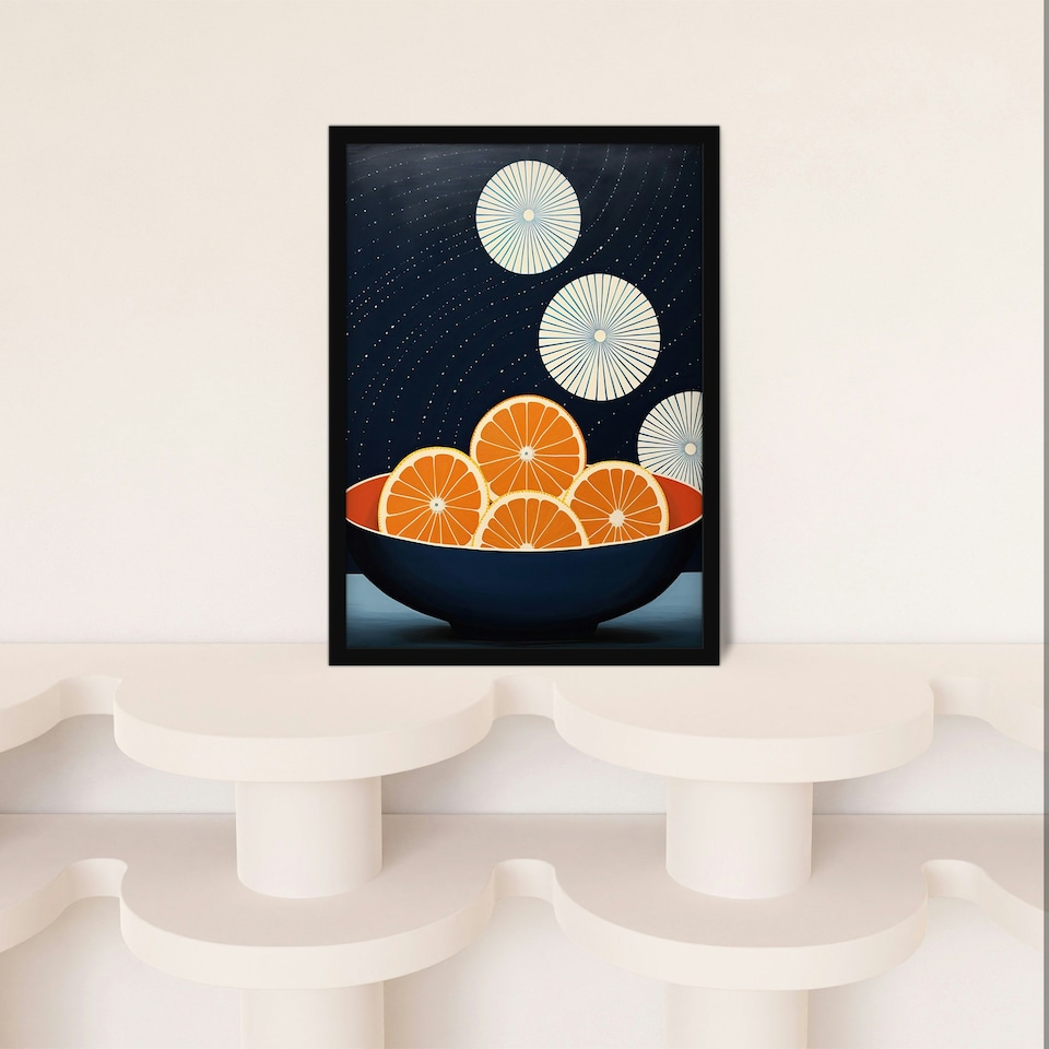 image 1 of Citrus Circles Oranges Bowl Night Sky Home Decor Black Framed Wall Art Print A4