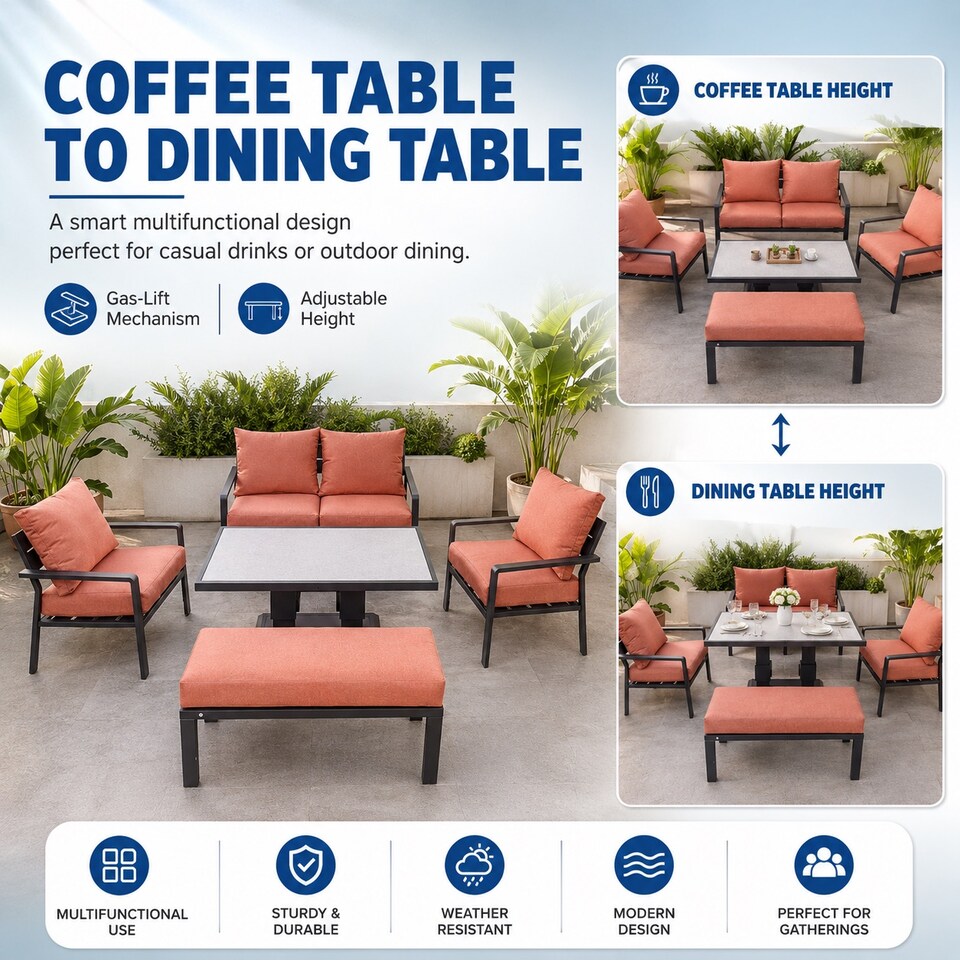 image 1 of 4 Seater 5 Piece Aluminium Garden Sofa Dining Set with Gas Lift Table, Ottoman Bench & Terracotta Cushions