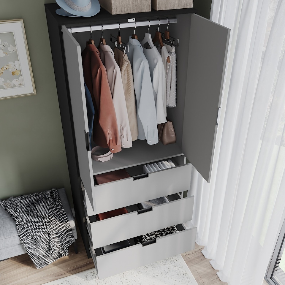 image 1 of 2 Door 3 Drawer Wardrobe with Hanging Rail - Modern Bedroom Storage Furniture | Black | Black with Grey Doors | 1