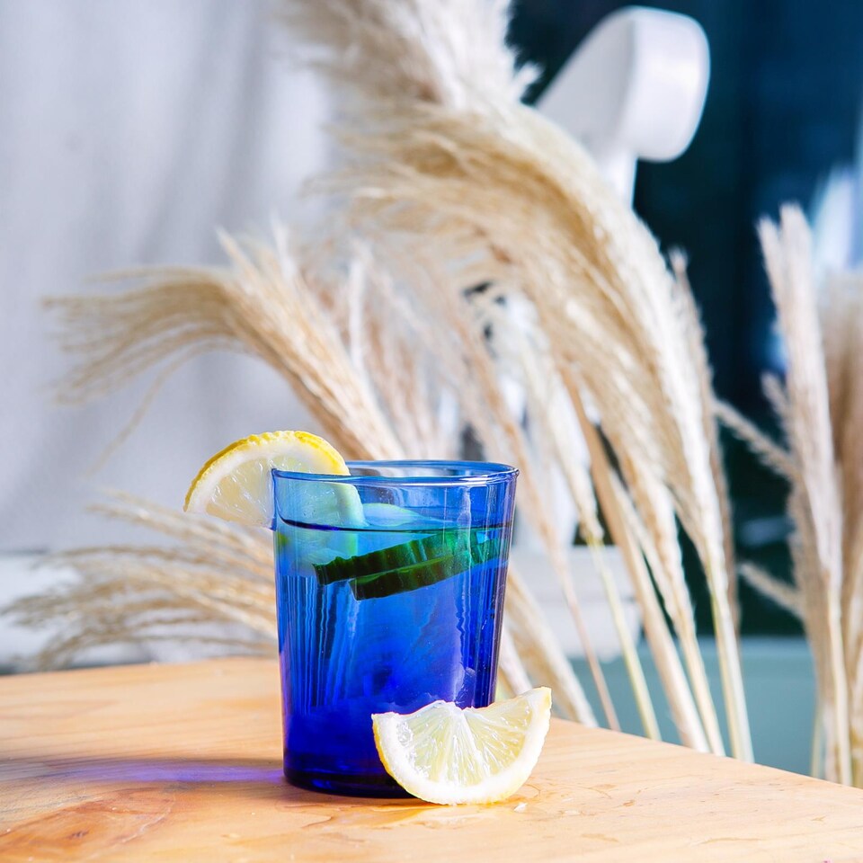 image 1 of Nicola Spring 12pc Meknes Glassware Set - Hand-Blown Moroccan Recycled Glass Highball Whisky Drinking Tumblers - Blue Glass | Blue | Blue | 325ml: 12 x 7.5 x 7.5 CM | 215ml: 9 x 7 x 7 CM | 12