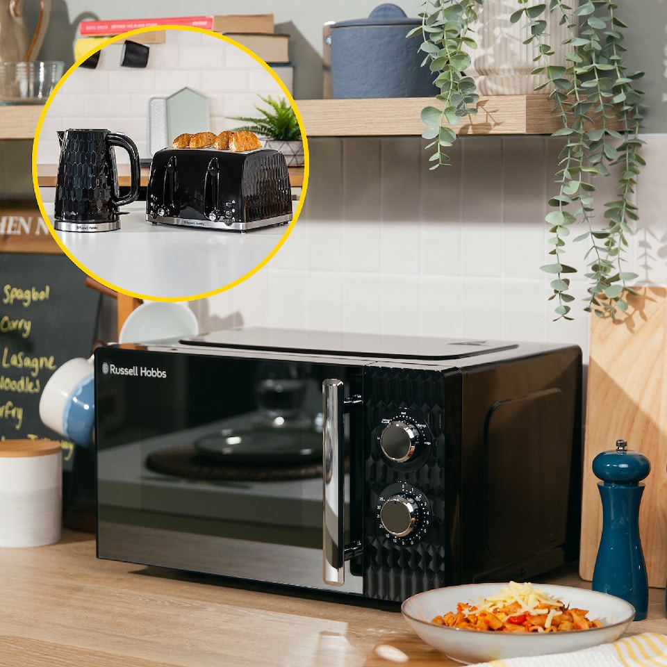 image 1 of Russell Hobbs Honeycomb Bundle Set with Kettle, 4 Slice Toaster, and Microwave Black HCBNDL4B