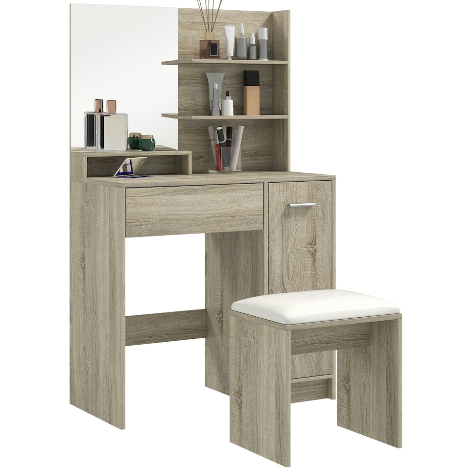 image 1 of HOMCOM Dressing Table with Mirror and Stool, Makeup Desk for Bedroom Brown | White
