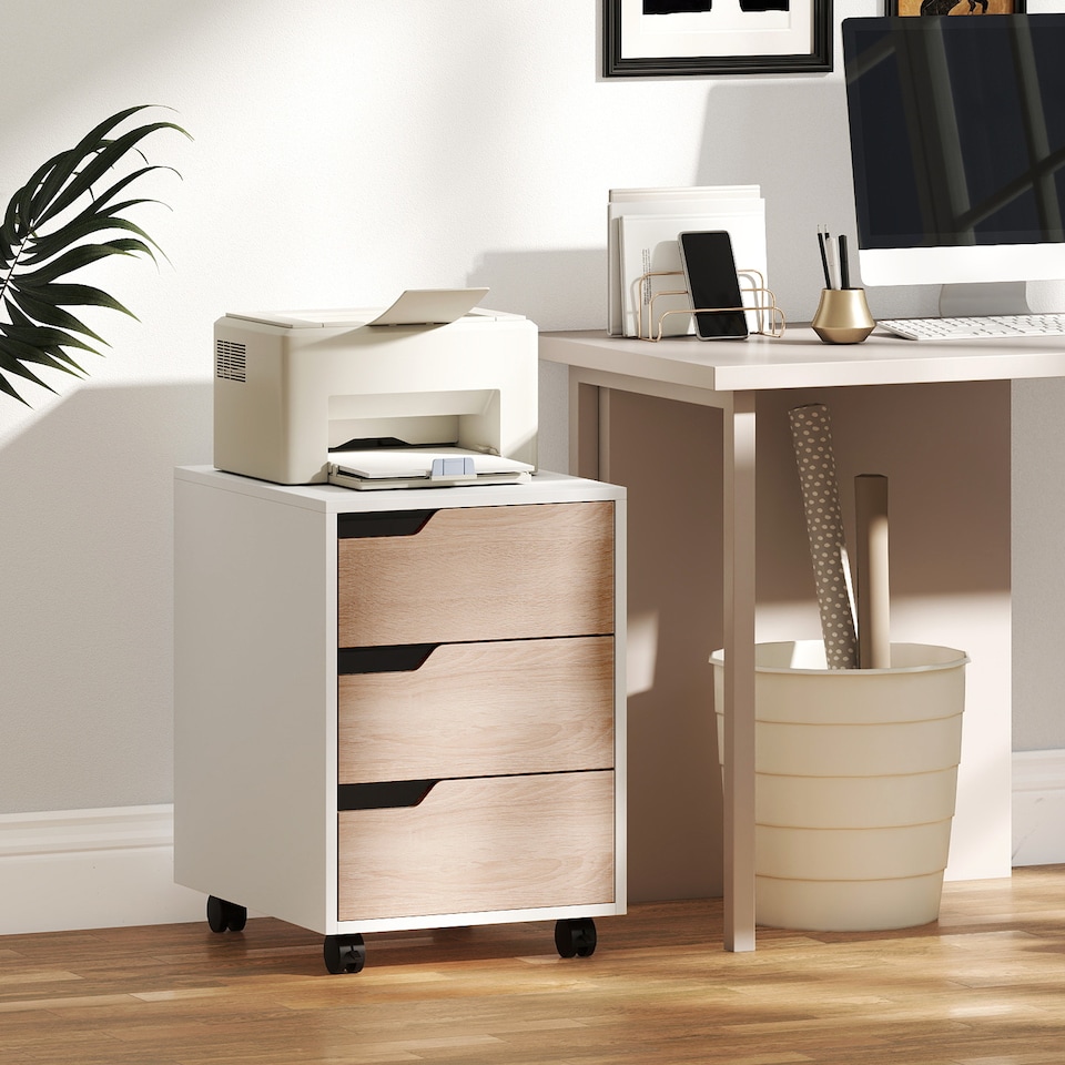 image 1 of HOMCOM 3 Drawer Mobile File Cabinet, Vertical Filing Cabinet with Wheels for Home Office, Oak
