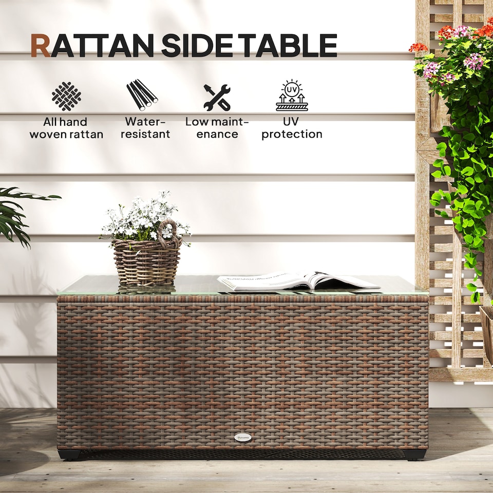 image 1 of Outsunny Outdoor Coffee Table, Glass Top Rattan Side Table, Brown