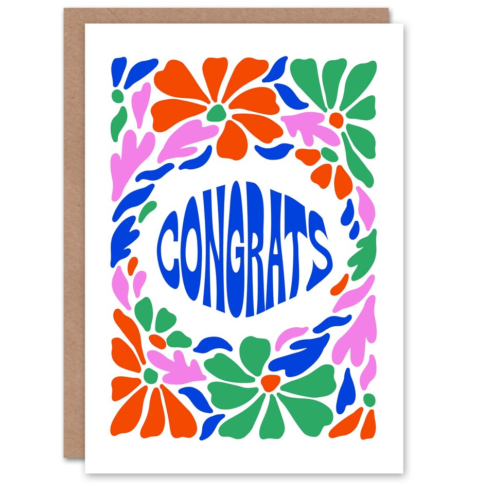 image 1 of Congratulations Card Congrats Groovy Flower Border Retro Floral Design