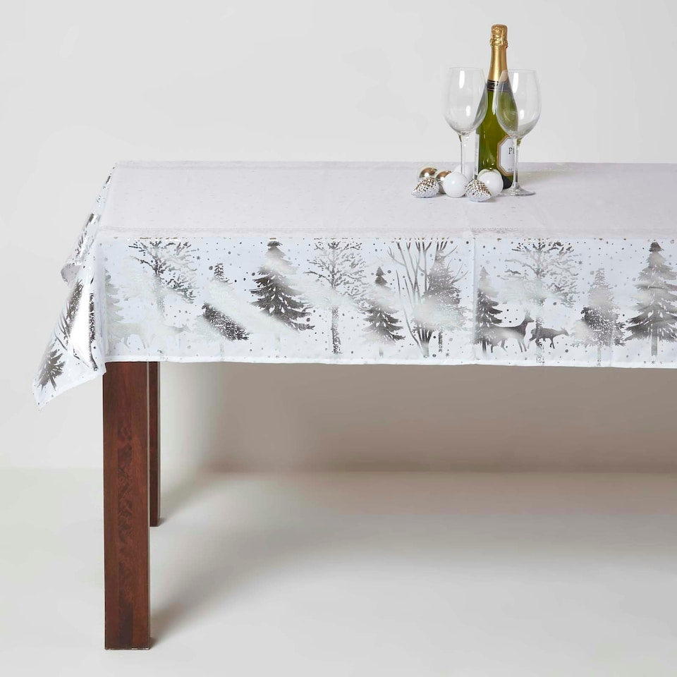 image 1 of Homescapes Silver Forest Christmas Table Cloth - 132 x 274 cm | Silver | 132 x 274 cm