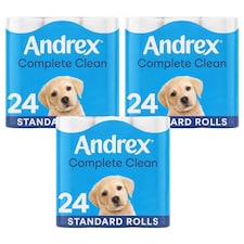 Andrex Toilet Rolls Classic Clean Fragrance-Free 2 Ply Toilet Paper, 24 Rolls | White | 3 Pack | 3